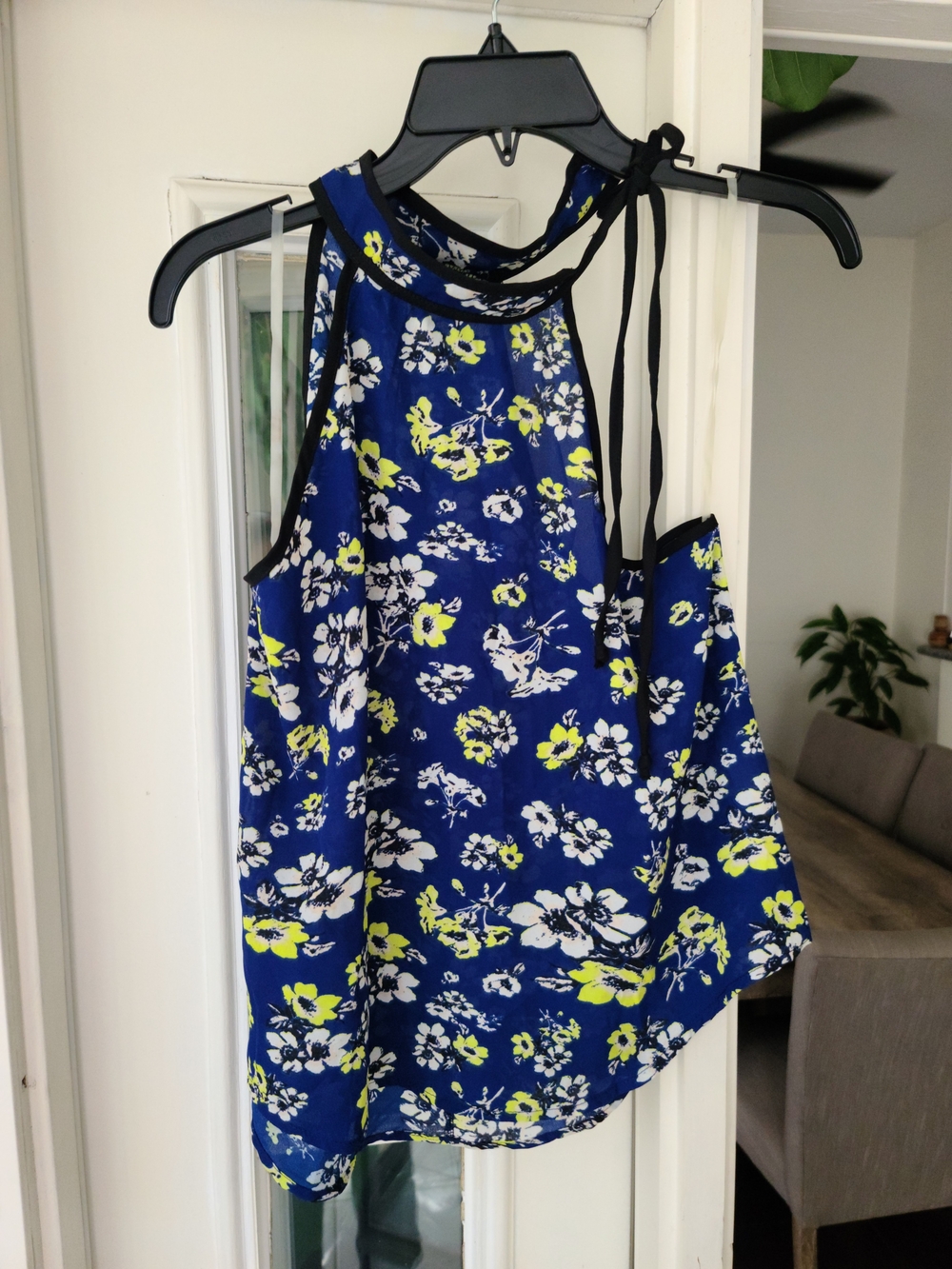 Romeo & Juliet Couture Blue Floral Halter Top with Neon Accents